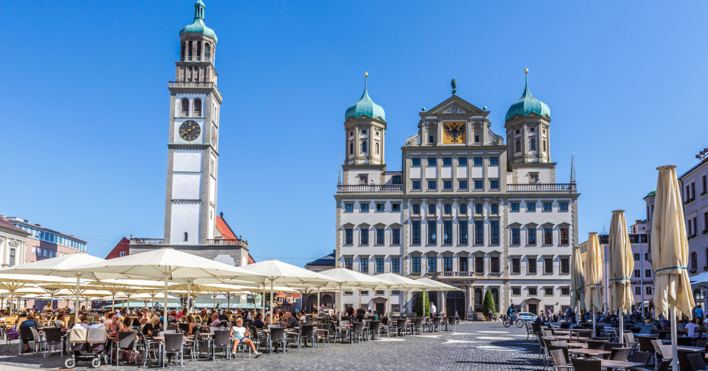 AUGSBURG, BAVARIA, GERMANY - CIRCA OCTOBER, 2018: The Rathausplatz of Augsburg in Bavaria, Germany